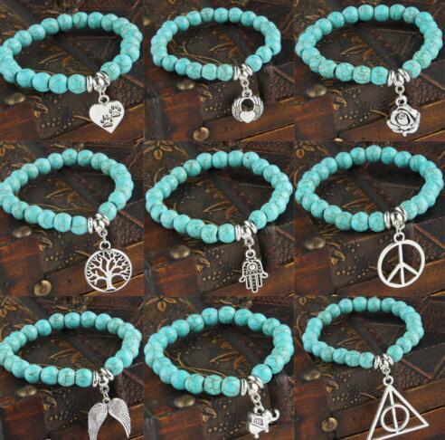 Vintage Silver I love cat dog Elephant life Tree Pentagram hand flower Charms Turquoise Stone Bracelet Beads Bangle For Women DIY Jewelry