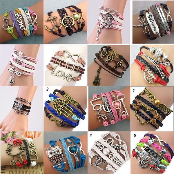 DIY Infinity Charm Bracelets Antique Cross Bracelets Hot sale 16 styles Fashion Leather Bracelets Multilayer Heart Tree of Life Jewelry