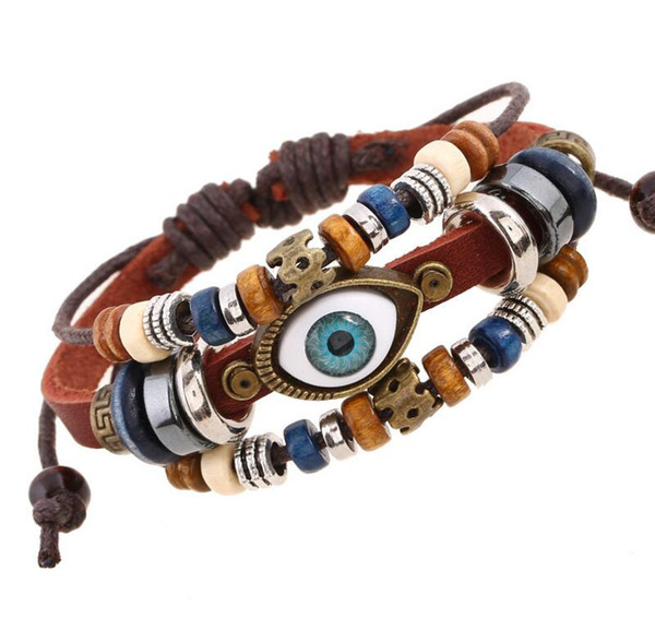 Alloy Bronze Evil Eye Charm Bracelet Bangle Punk Snap Button &Adjustable Multi-layer Woven Genuine Leather Bracelet For Women Jewelry Gift