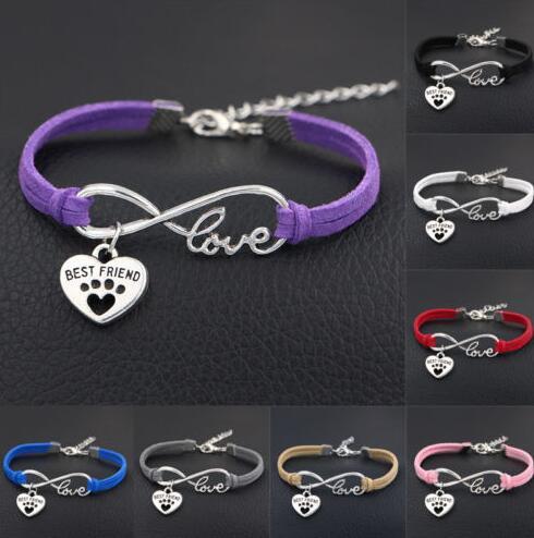 Vintage Silver Infinity Best Friends Dog Paw Prints Heart Bracelet Jewelry Charm Mixed Velvet Rope Cuff Bangles Women Accessories Bijoux