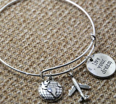 live your dream world map airplane Charm Expandable Wire Bangles Vintage Silver Cuff Travel Bangles &Bangle For Women Jewelry Gift DIY NEW