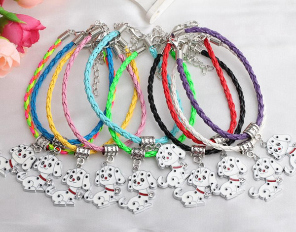 Vintage Silver Enamel Crystal Pet Dog Bracelet Mixed Color Weave Leather Bracelets Jewelry For Women DIY Gifts Accessories D03