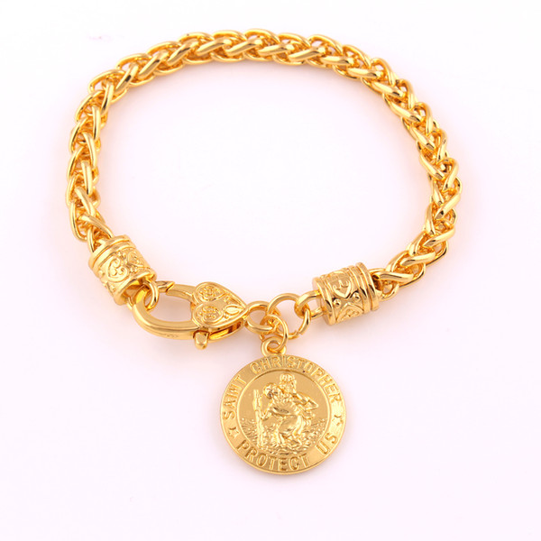St Christopher Protect Us Medal Gold Color Wheat Link Chain Bracelet Pendant Catholic Protection Religious Charm Wholesale