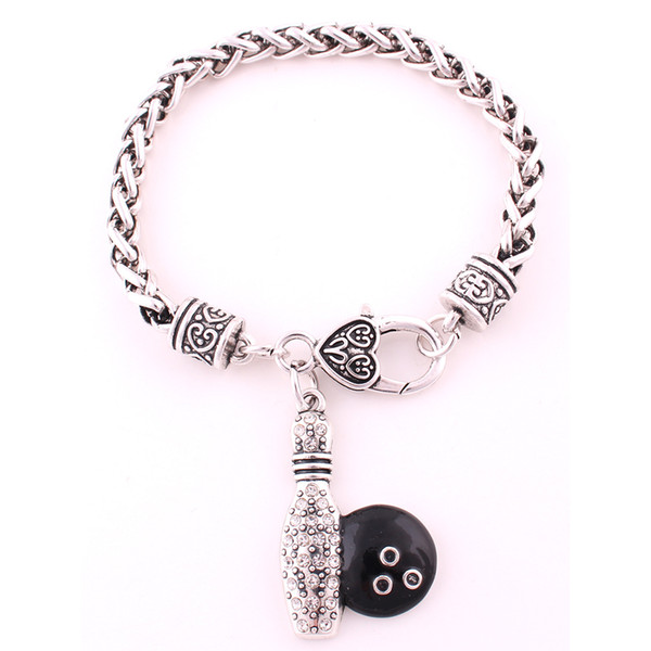 Fashion Antique Silver Plated Wheat Chain Bracelet With Bowling Pin And Ball Crystal Pendant Bracelet Jewelry