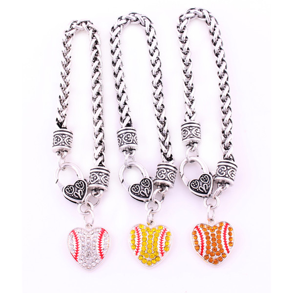 Antique Sliver Plated Zinc Studded With Sparkling Crystal BASEBALL Heart Pendant Charm Bracelet Wheat Chain Jewelry