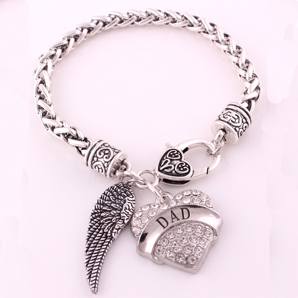 Female Jewelry Bracelet DAD Written Archangel Wing And Heart Pendant With Crystals Good Gift Wheat Chain Dropshipping