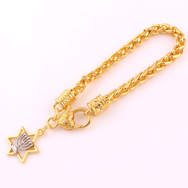 Dawapara rhodium faith menorah and gold David Star Charm Two Tones Rhodium Wheat Link Chain Bracelet