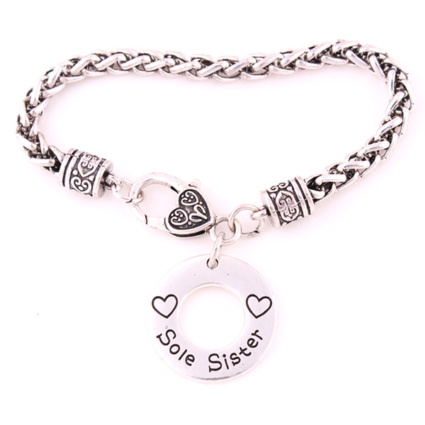 Antique Sliver Plated Hot Selling LOVE SOLE SISTER Circle Pendant Charm Bracelet Wheat Chain Drop Shipping