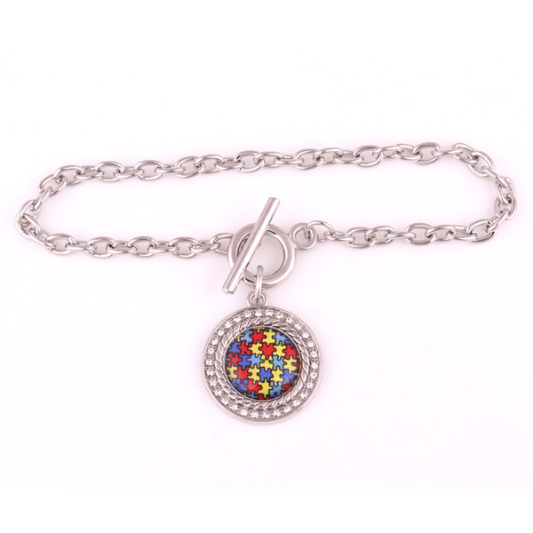 Jigsaw Puzzle Pattern Round Charm With Sparkling Crystals Wheat Link Chain Classic Depression Style Provide Dropshipping