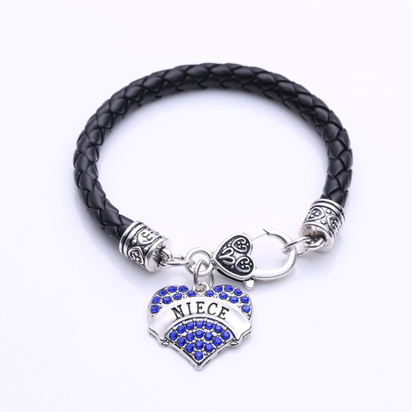 High Quality Rhodium Plated Leather Braided With Sparkling Crystals Letter NIECE Love Heart Shape Pendant Bracelet Jewelry