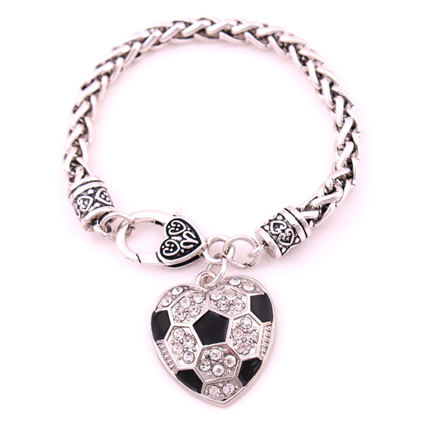 Football SOCCER Heart Shaped Charm Pendent Black Enamel White Crystal Stone Lobster Claw Wheat Chain Bracelet Jewelry