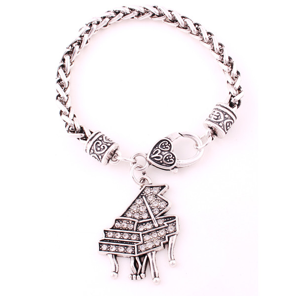 New Fashion Antique Sliver Plated Studded With Sparkling Crystal PIANO Charm Music Wheat Chain Bracelet Jewelry