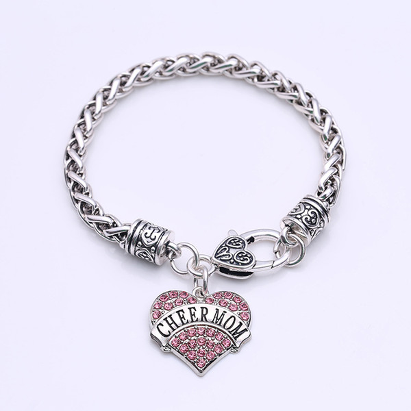 Dropshipping Alloy Material Rhodium Plated Link Wheat Chain Bracelets CHEER MOM Word Heart Pendent Crystal Charm Bracelet