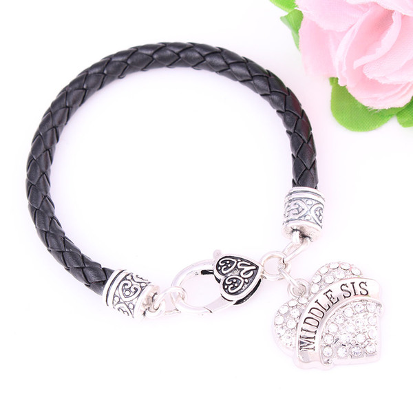 Rhodium Plated With Sparkling Crystals Letter MIDDLE SIS Heart Pendant Leather Chain Bracelet