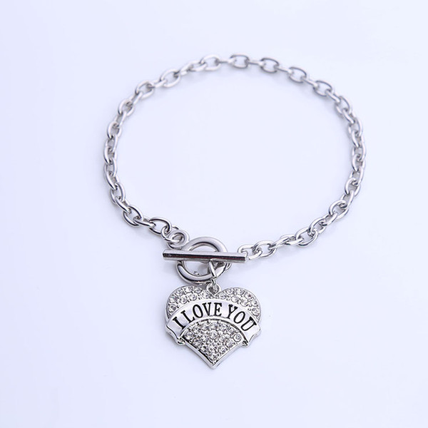 Drop Shipping Rhodium Plated I LOVE YOU Heart Pendent Toggle Charm With Sparkling Crystal Link Chain Bracelet