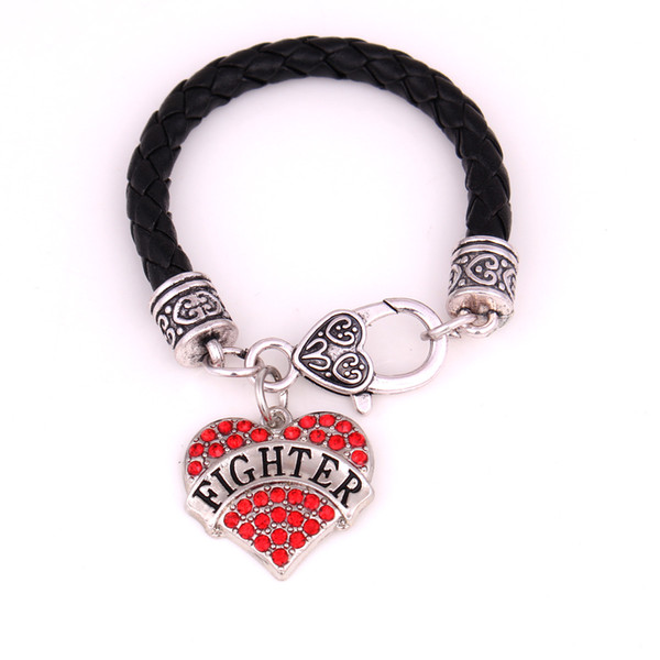 New Arrival High Quality Rhodium Plated Leather Braided With Sparkling Crystals Letter FIGHTER Love Heart Pendant Bracelet Jewelry