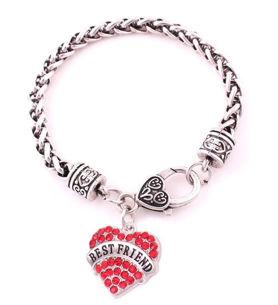 Drop Shipping Rhodium Plated Studded With Sparkling Crystal BEST FRIEND Heart Jewelry Charm Bracelet Wheat Chain