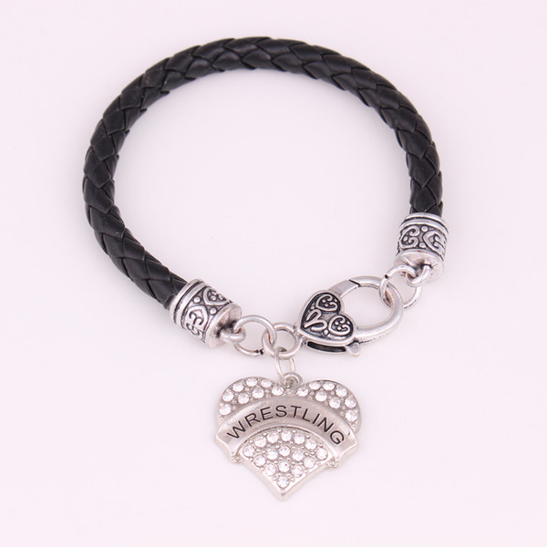 New Style Bracelet Jewelry Hand-Woven WRESTLING Crystal Heart Charm Leather Chain Bracelet For Man And Woman