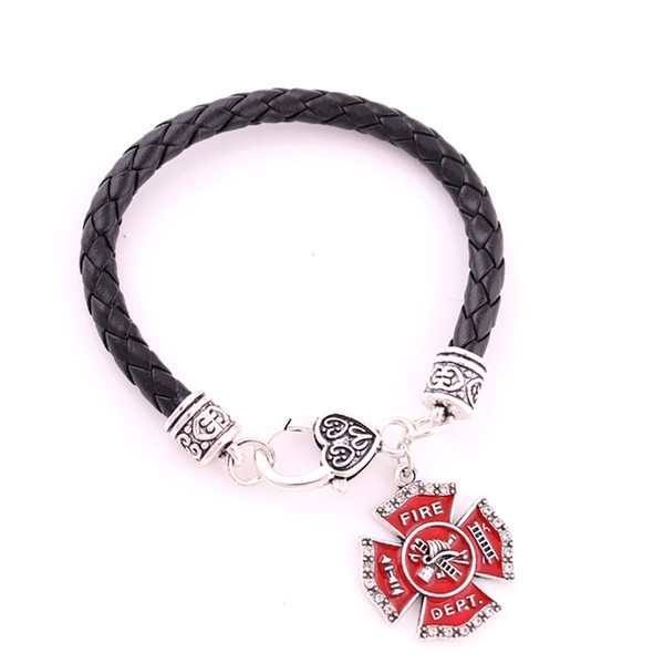 Rhodium Plated Single Side Fire Dept Badge Red Enamel Crystals Charm Pendant Leather Chain Bracelet For Woman Jewelry