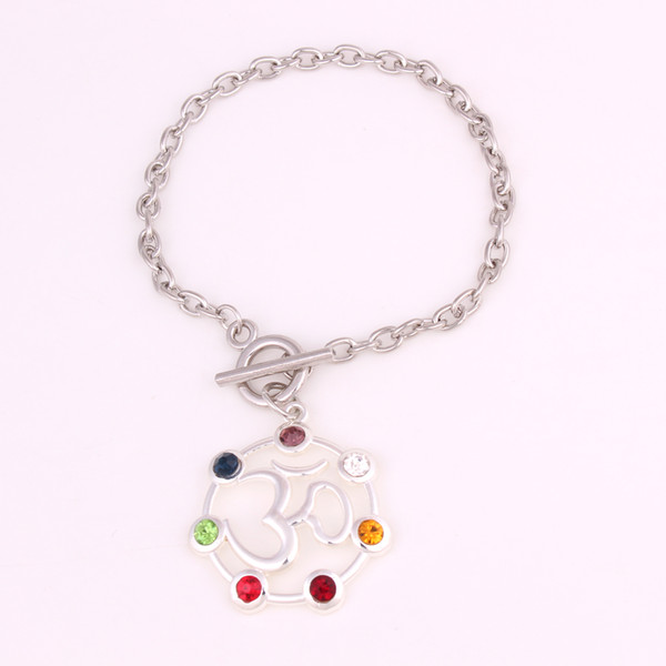Seven Chakra Crystals Symbol Yoga Charm Religious Hollow Pendant Yoga Yogi Wheat Link Chain Bracelet Jewelry