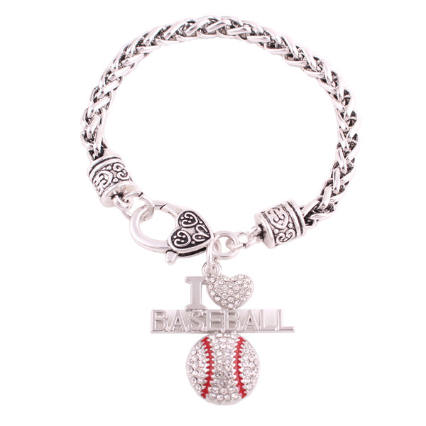 Letter I LOVE BASEBALL Pendant Wheat Chain Bracelet Sparkling Crystals With Rhodium Plated Fans Favorite Sports Jewelry