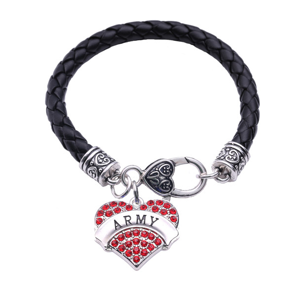 Hot Selling Rhodium Plated With Sparkling Crystals Letter ARMY Heart Pendant Bracelet Leather Chain Drop Shipping