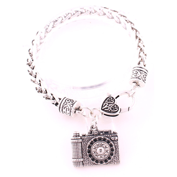 Fashion Antique Silver Color Zinc Studded With Sparkling Crystals Camera Travel Charm Pendant Wheat Chain Bracelet