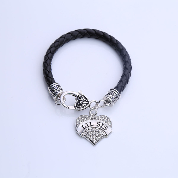 LIL SIS Heart Leather Chain Bracelet Crystal Silver Plated Hearts Family Member Lobster Claw Bracelets Jewelry