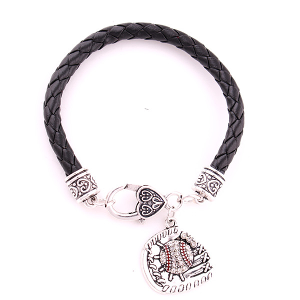 New Arrival Studded With Sparkling Crystal BASEBALL Or SOFTBALL And Glove Sporty Charm Leather Chain Bracelet