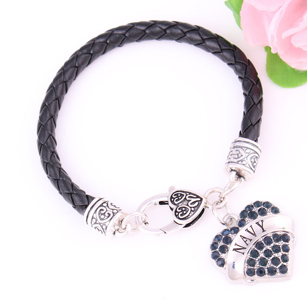 New Arrival Rhodium Plated NAVY With Sparkling Black Crystal Heart Jewelry Charm Pendent Leather Chain Bracelet