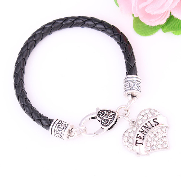 Best Selling Fashion Rhodium Plated TENNIS Studded With Sparkling Crystal Heart Charm Pendent Leather Chain Bracelet