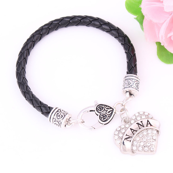 Hot Selling Rhodium Plated With Sparkling Crystals NANA Heart Charm Pendant Bracelet Leather Chain Drop Shipping