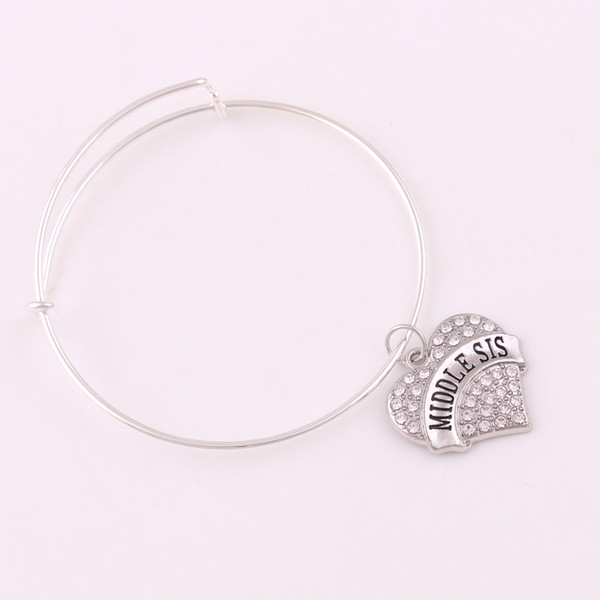 Fashion Design Peach Heart Engraved Letter Crystal Pendant MIDDLE SIS LITTLE SIS SOUL SISTERS LIL SIS SISTER DADDY'S GIRL Letter Love Bangle