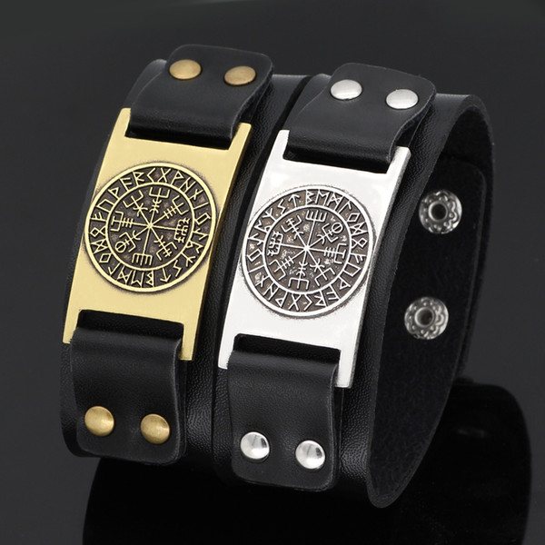 Apricot Fu Viking Vegvisir Compass Bracelets Bangles Nordic Runes Odin Symbol Genuine Leather Bracelet Men Jewelry Accessories