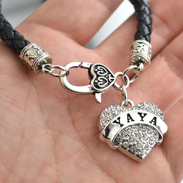 Personalized Diy YAYA Charm Studded With Sparkling Crystal Rhinestone Hearts Pendent Leather Chain Bracelet Drop Shipping