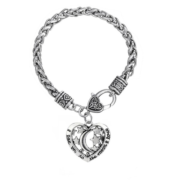 Wiccan Engraved I Love You To The Moon And Back Hollow Star And Moon Heart Charm Lobster Clasp Antique sliver Color pendant Bracelet