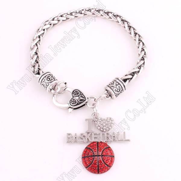 FASHION Rhodium Plated With Crystals I LOVE BASKETBALL Charm Bracelet Lobster-Claw-Clasps