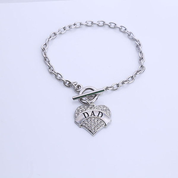 Drop Shippping New Arrival Rhodium Plated With Sparkling Crystals DAD Heart Pendent Charm Toggle Link Chain Bracelet