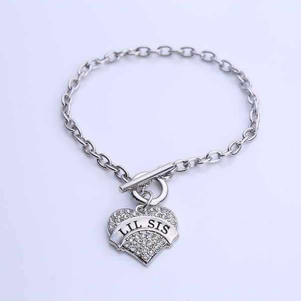 Drop Shipping Hot Selling Fashion Rhodium Plated With Sparkling Crystals LIL SIS heart Pendent Charm Link Chain Bracelet