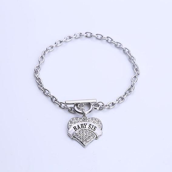 Hot Selling Rhodium Plated With Sparkling Crystals Letter BABY SIS Heart Pendent Charm Bracelet Link Chain Toggle-clasps