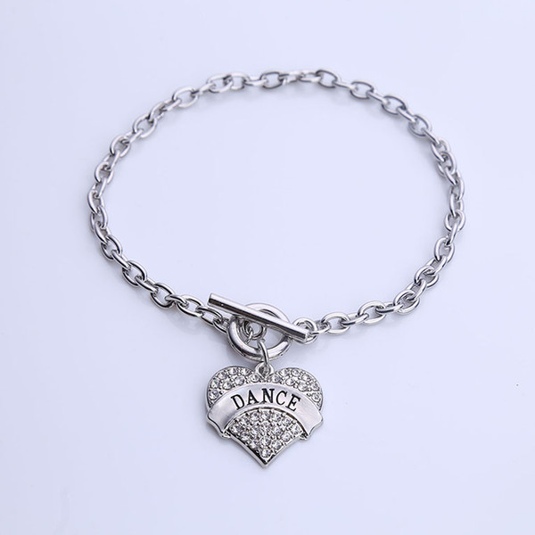 Drop Shippping Rhodium Plated DANCE Pave Heart Pendent Toggle Charm With Sparkling Crystal Link Chain Bracelet