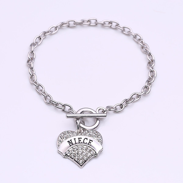 New Arrival Fashoin Rhodium Plated With Sparkling Crystals Toggle NIECE Heart Pendent Charm Link Chain Bracelet Drop Shipping