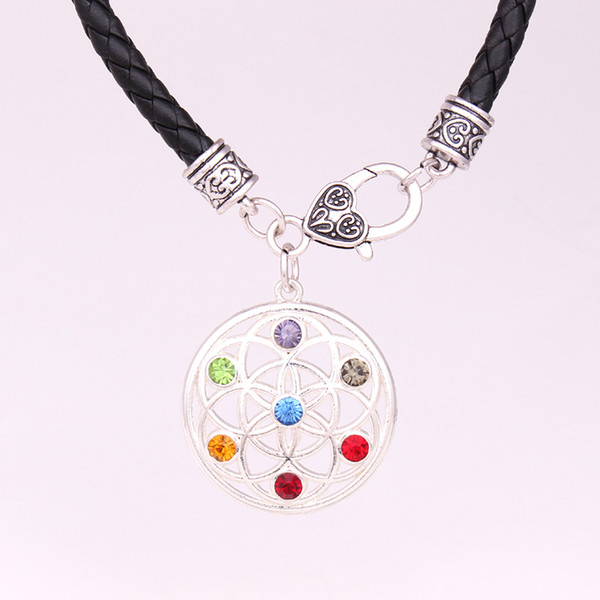 New Arrival 15CM/20CM/24CM length flower of life seven chakra crystals symbol charm religious pendant Buddhist bracelet