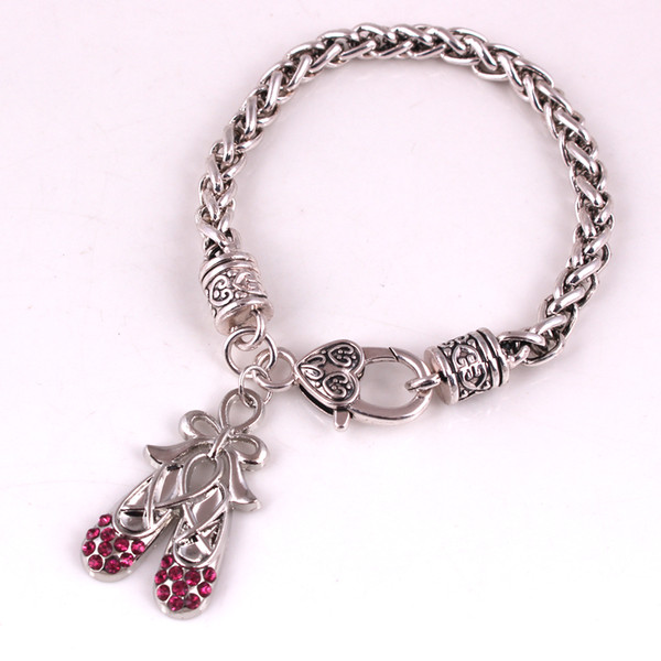 Rhodium Plated With Colorful Crystal Bow Ballet Bowknot Shoes Wheat Chain Bracelet Jewelry