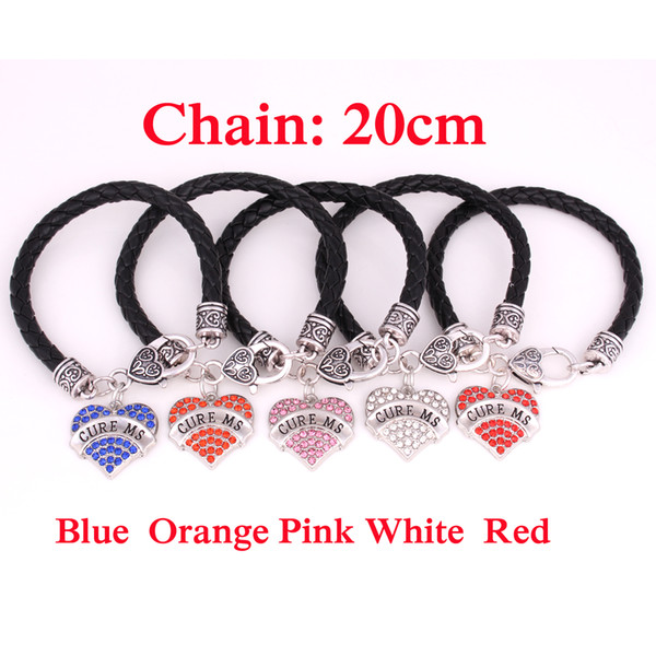 Drop shipping New Arrival Rhodium Plated With Sparkling Crystals CURE MS Heart Pendant Bracelet Leather Rope Chain