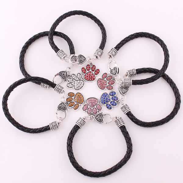 Trendy Special Design Silver Plated Cat Dog Paw Print With Crystal Bracelets Charms Pendant Leather Bangles Jewelry For Woman Gift