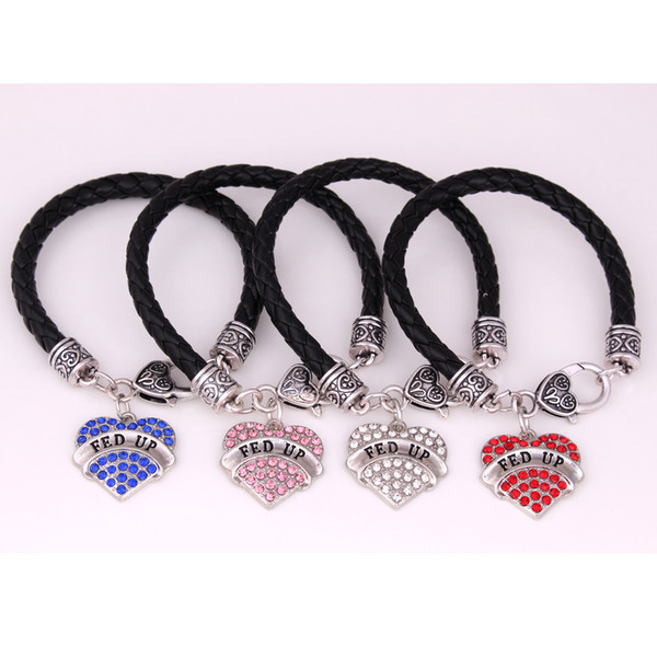 Drop Shipping Rhodium Plated Zinc Studded With Crystals Letter FED UP heart Pendent Charm Bracelet Jewelry