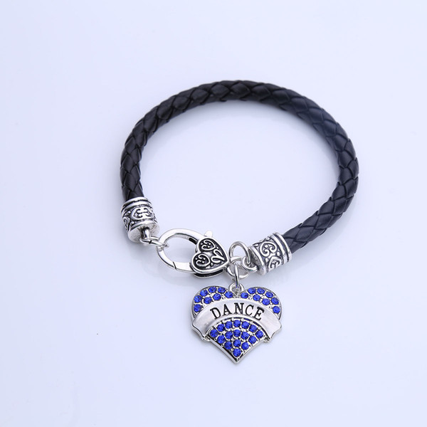 Hot Selling New Arrival Rhodium Plated With Sparkling Crystals DANCE Heart Pendant Bracelet Leather Rope Chain Drop Shipping