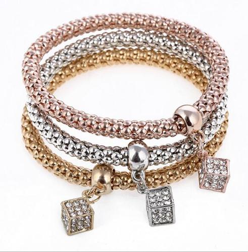 3Pcs Classics Bracelets Crystal Square Cubic Rhinestone Box Pendent Bracelet Elastic Corn Chain 3 Colors For Women Gift