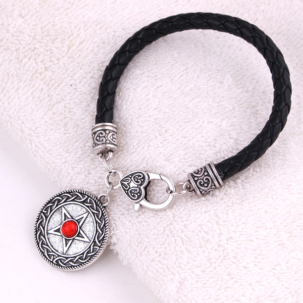 Apricot Fu Fashion Knot PENTACLE Pendant With Solid Background Pentagram Rhinestone Choice Pendant Black Leather Chain bracelet Jewelry